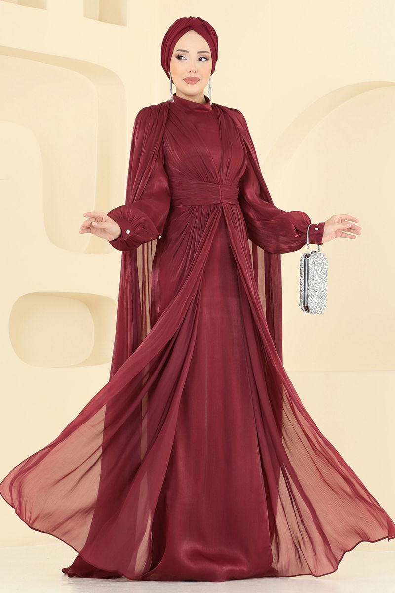 Evening Dress Burgundy Belted Modest Fashion 5447