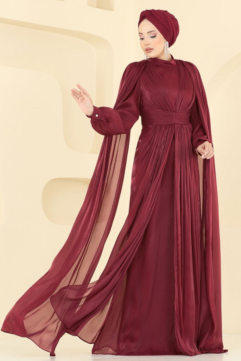 Evening Dress Burgundy Belted Modest Fashion 5447