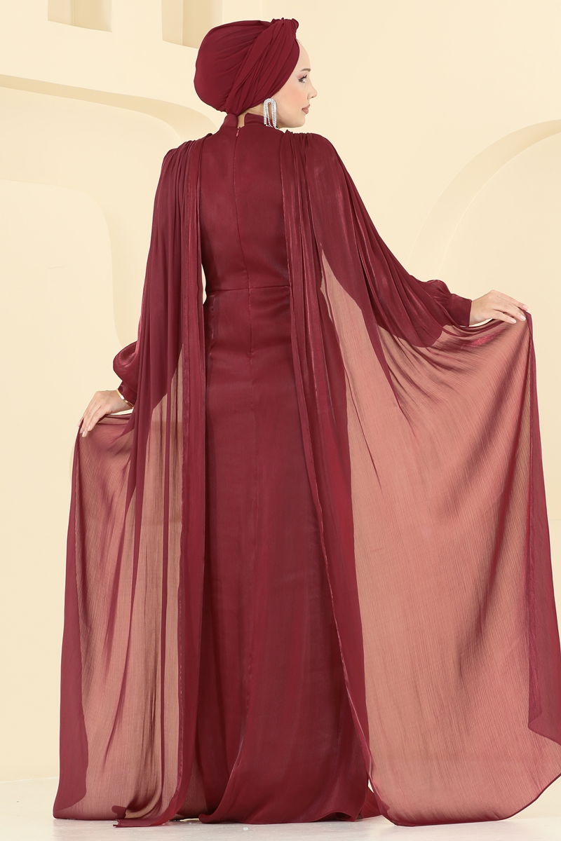 Evening Dress Burgundy Belted Modest Fashion 5447
