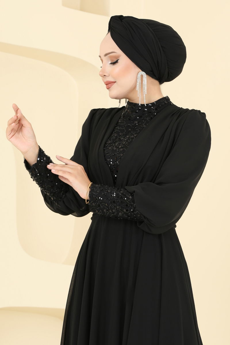Evening Dress Black Modest Taffeta Hijab Fashion Gown