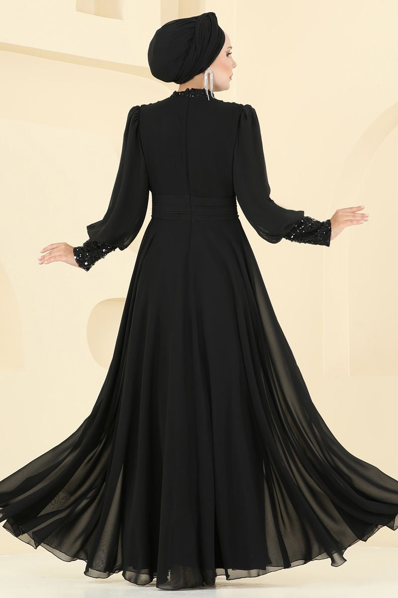 Evening Dress Black Modest Taffeta Hijab Fashion Gown