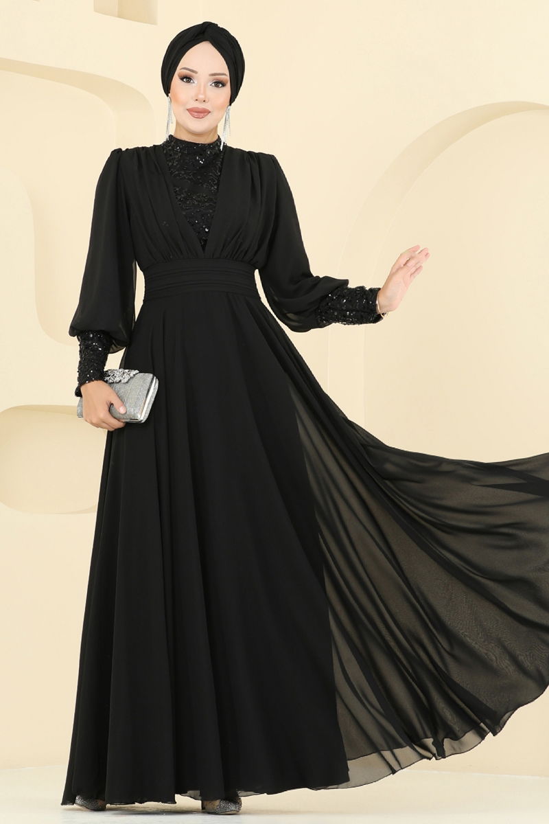 Evening Dress Black Modest Taffeta Hijab Fashion Gown