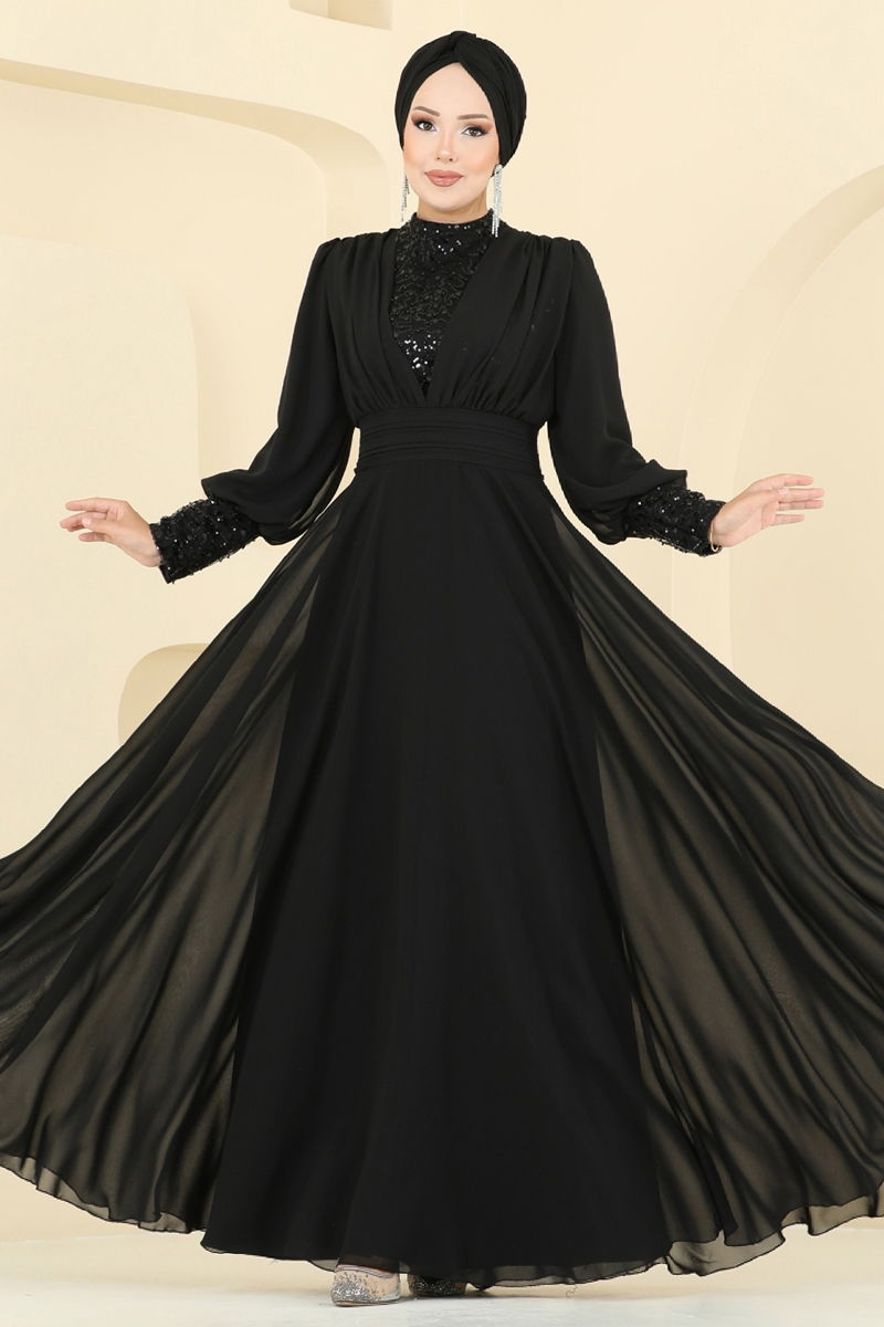 Evening Dress Black Modest Taffeta Hijab Fashion Gown