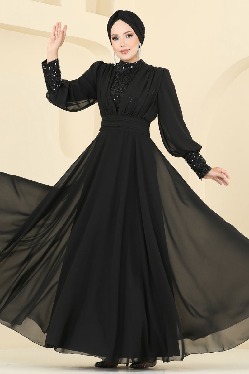 Evening Dress Black Modest Taffeta Hijab Fashion Gown