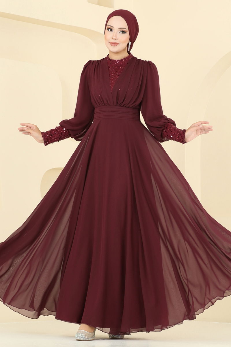 Abaya Burgundy Pleated Modest Evening Dress