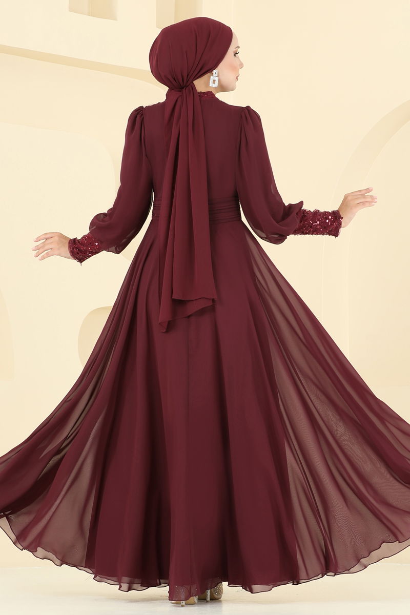 Abaya Burgundy Pleated Modest Evening Dress