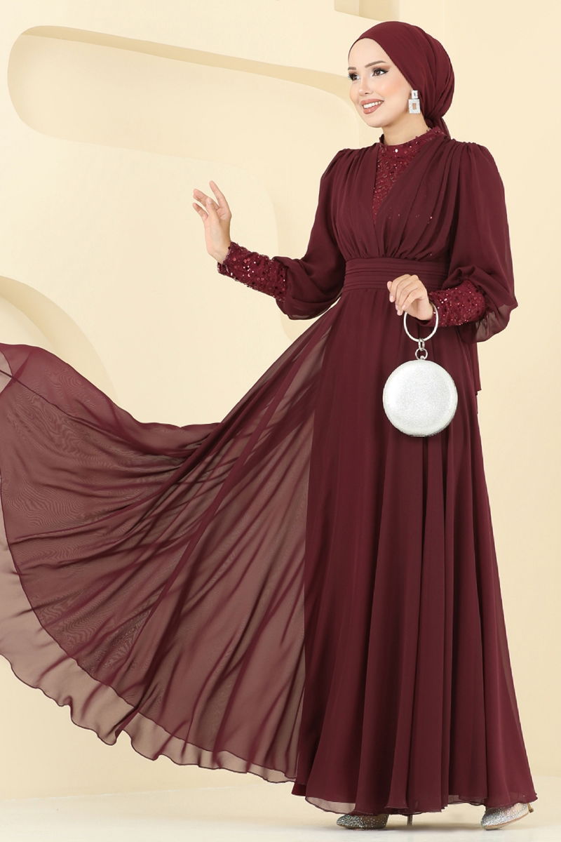 Abaya Burgundy Pleated Modest Evening Dress