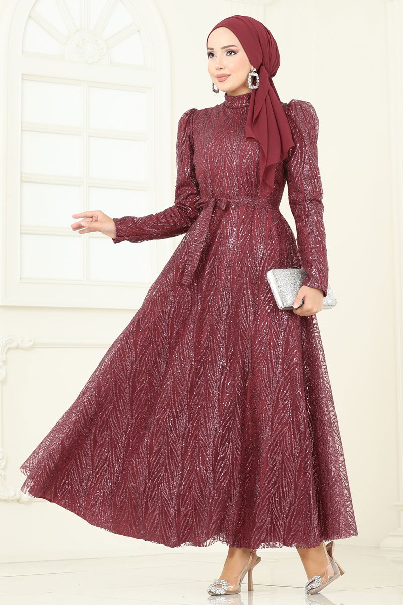 Evening Dress Beaded Cape Sleeve - Burgundy