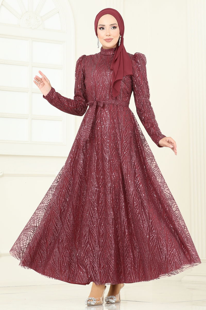 Evening Dress Beaded Cape Sleeve - Burgundy