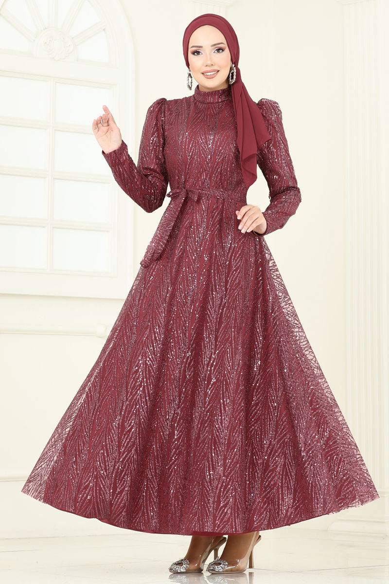 Evening Dress Beaded Cape Sleeve - Burgundy