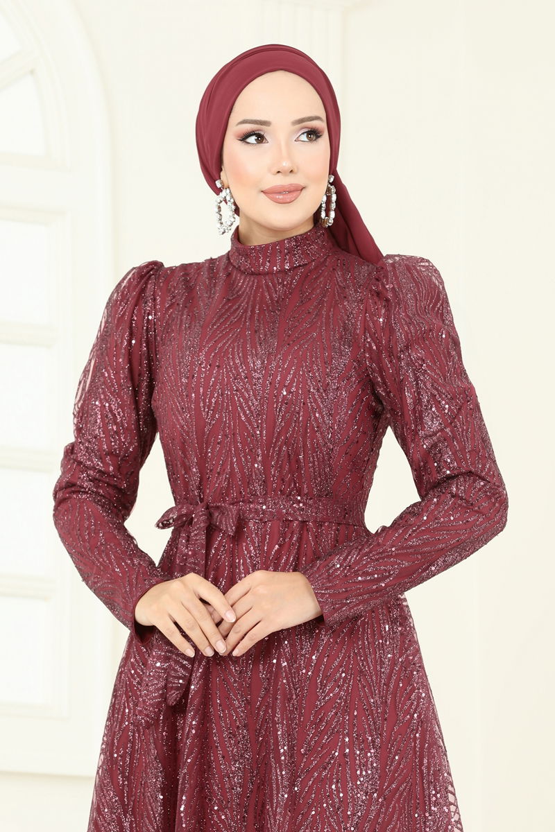 Evening Dress Beaded Cape Sleeve - Burgundy