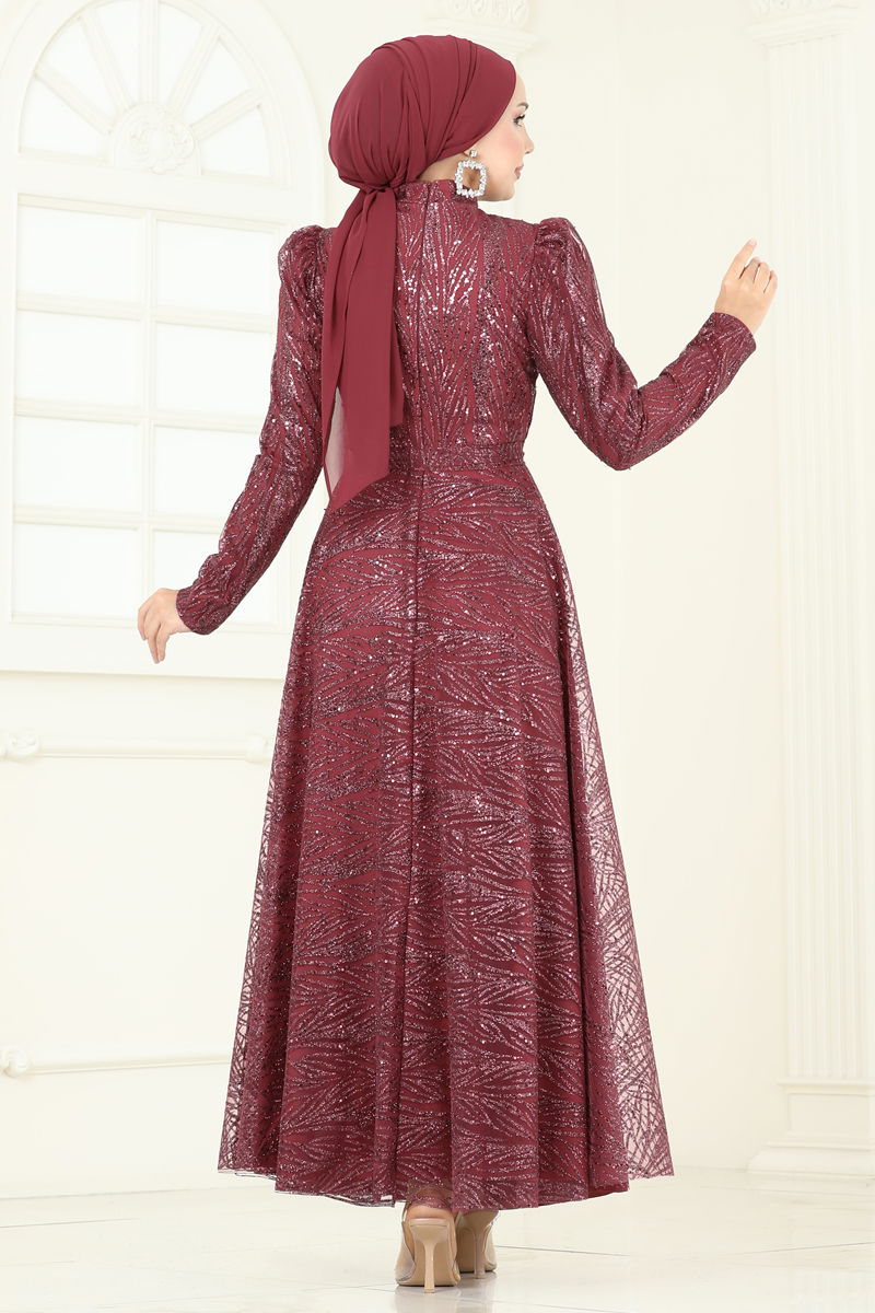 Evening Dress Beaded Cape Sleeve - Burgundy