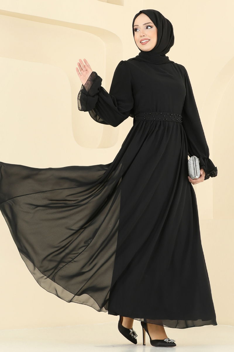 Black Patterned Modest Evening Dress - Elegant