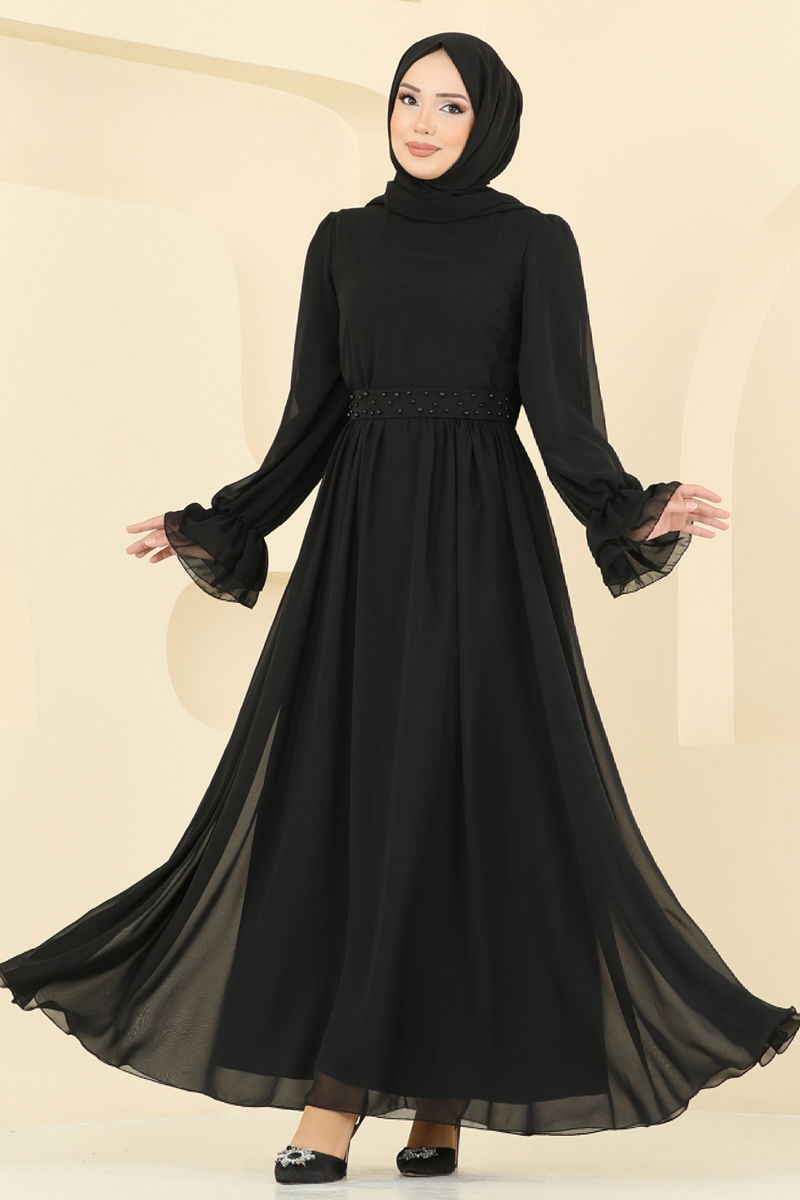 Black Patterned Modest Evening Dress - Elegant