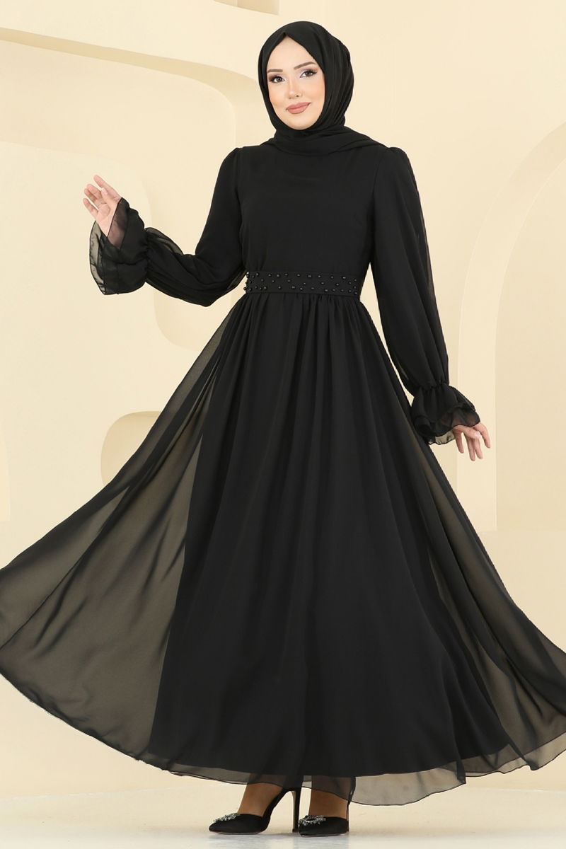Black Patterned Modest Evening Dress - Elegant