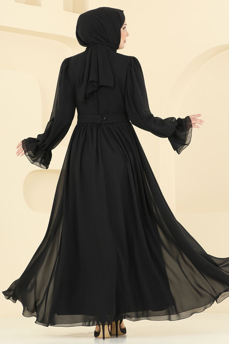 Black Patterned Modest Evening Dress - Elegant