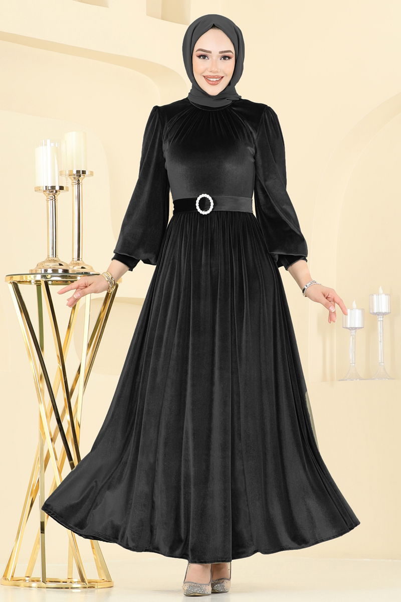 Evening Dress Black Belted Modest Wear Luxury Style