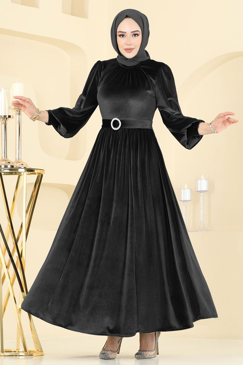 Evening Dress Black Belted Modest Wear Luxury Style