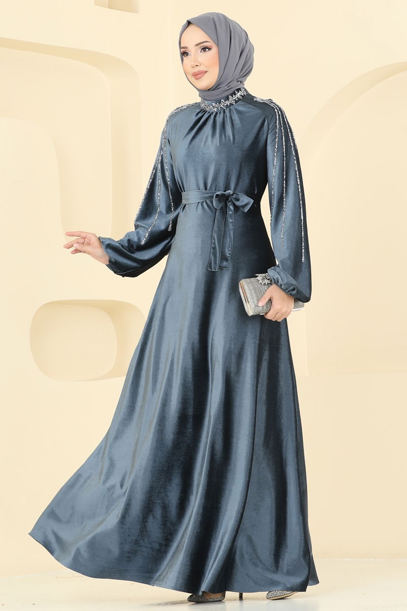 Evening Dress Anthracite Modest Outerwear with Detachable Belt