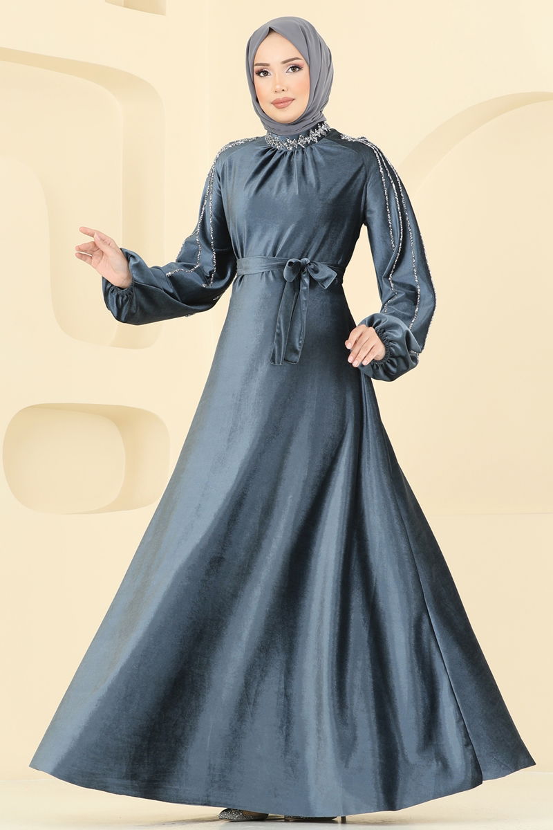 Evening Dress Anthracite Modest Outerwear with Detachable Belt