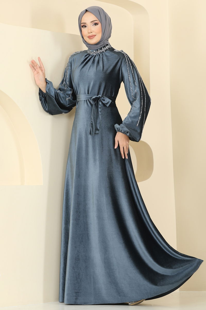 Evening Dress Anthracite Modest Outerwear with Detachable Belt