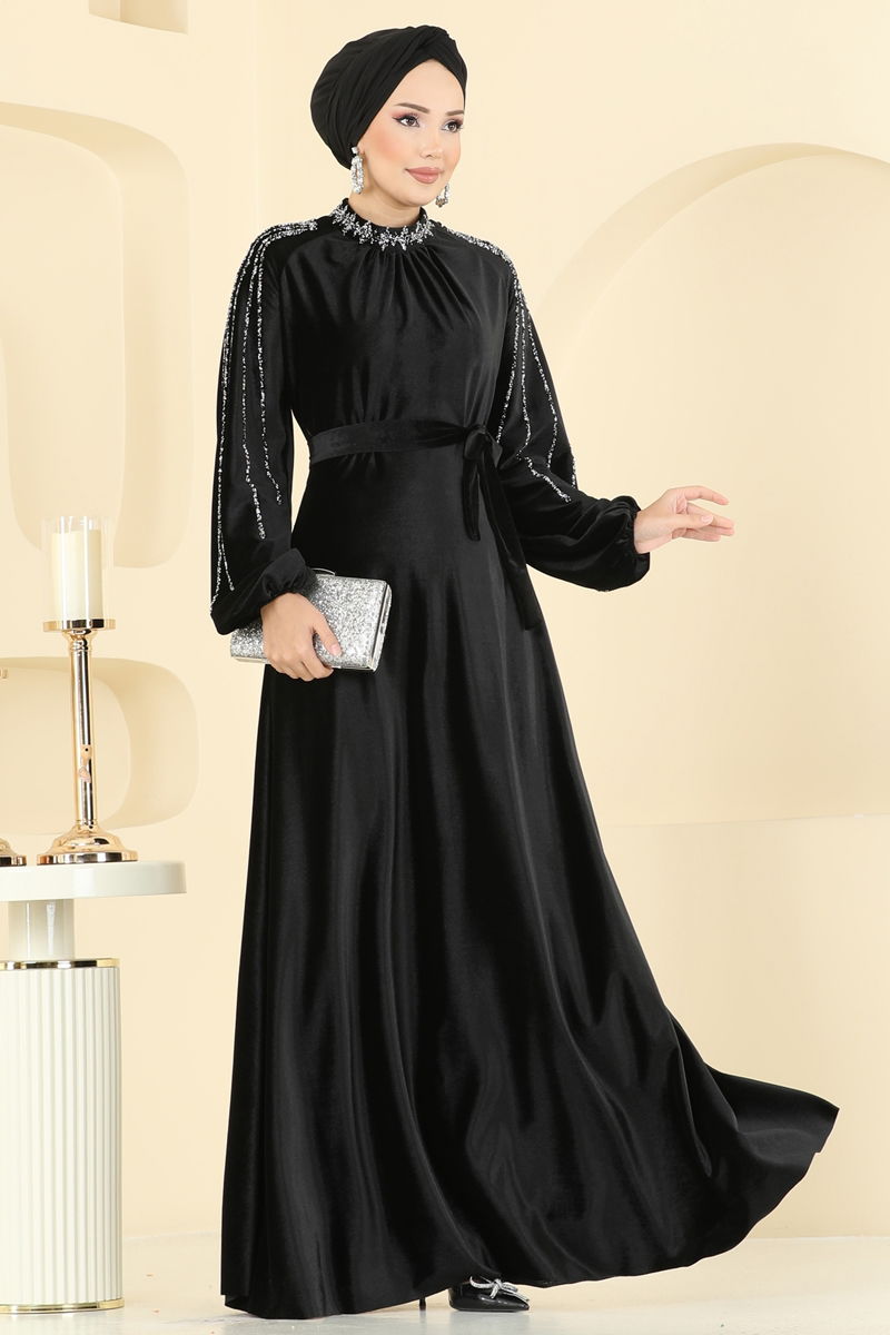 Evening Dress Black Tulle Belted Modest Wear 5709EDF311