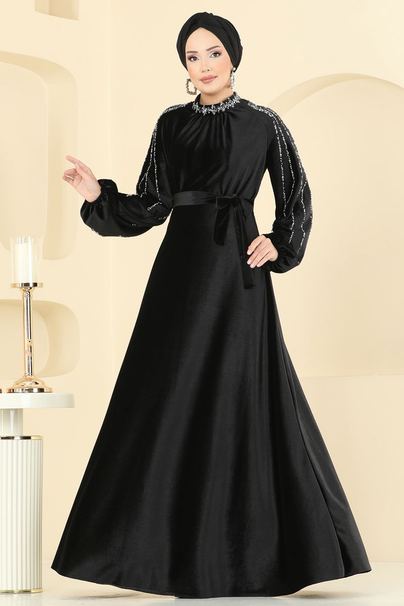 Evening Dress Black Tulle Belted Modest Wear 5709EDF311
