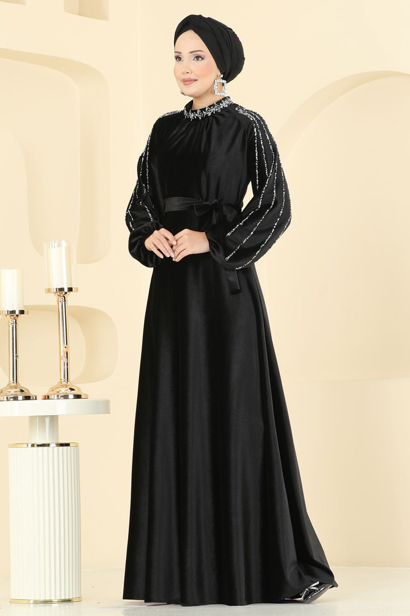 Evening Dress Black Tulle Belted Modest Wear 5709EDF311