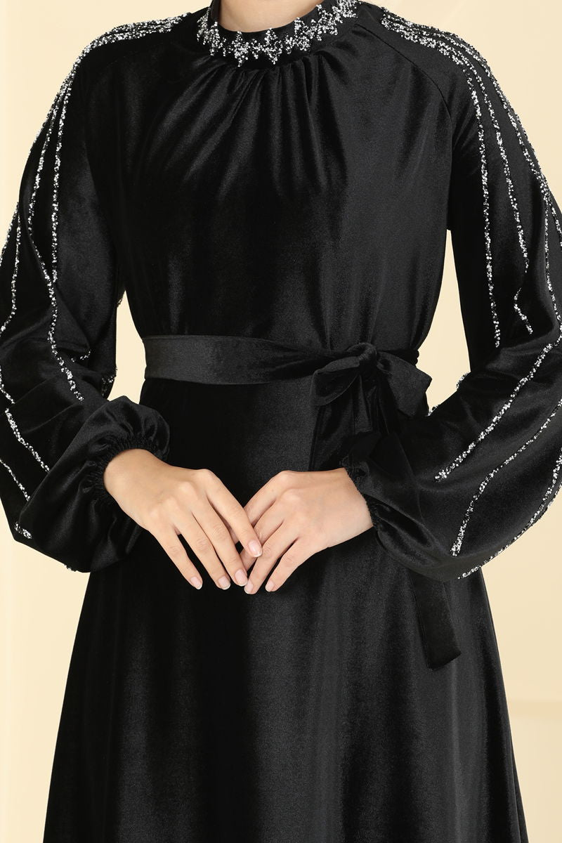 Evening Dress Black Tulle Belted Modest Wear 5709EDF311