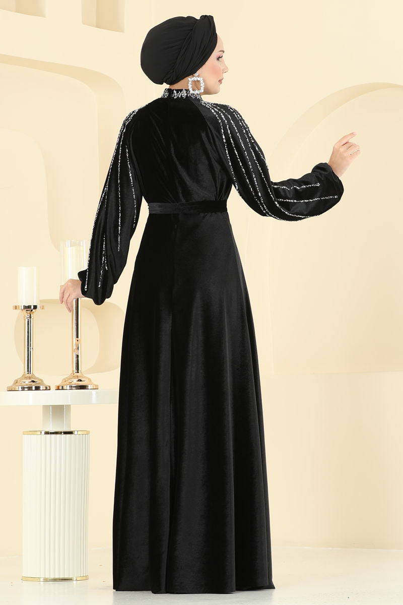 Evening Dress Black Tulle Belted Modest Wear 5709EDF311