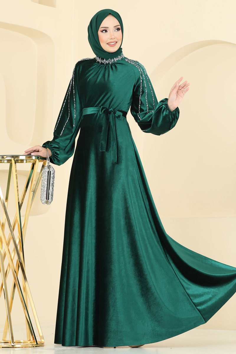 Emerald Belted Modest Evening Dress - Elegant Flare