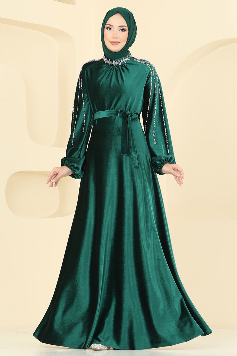 Emerald Belted Modest Evening Dress - Elegant Flare