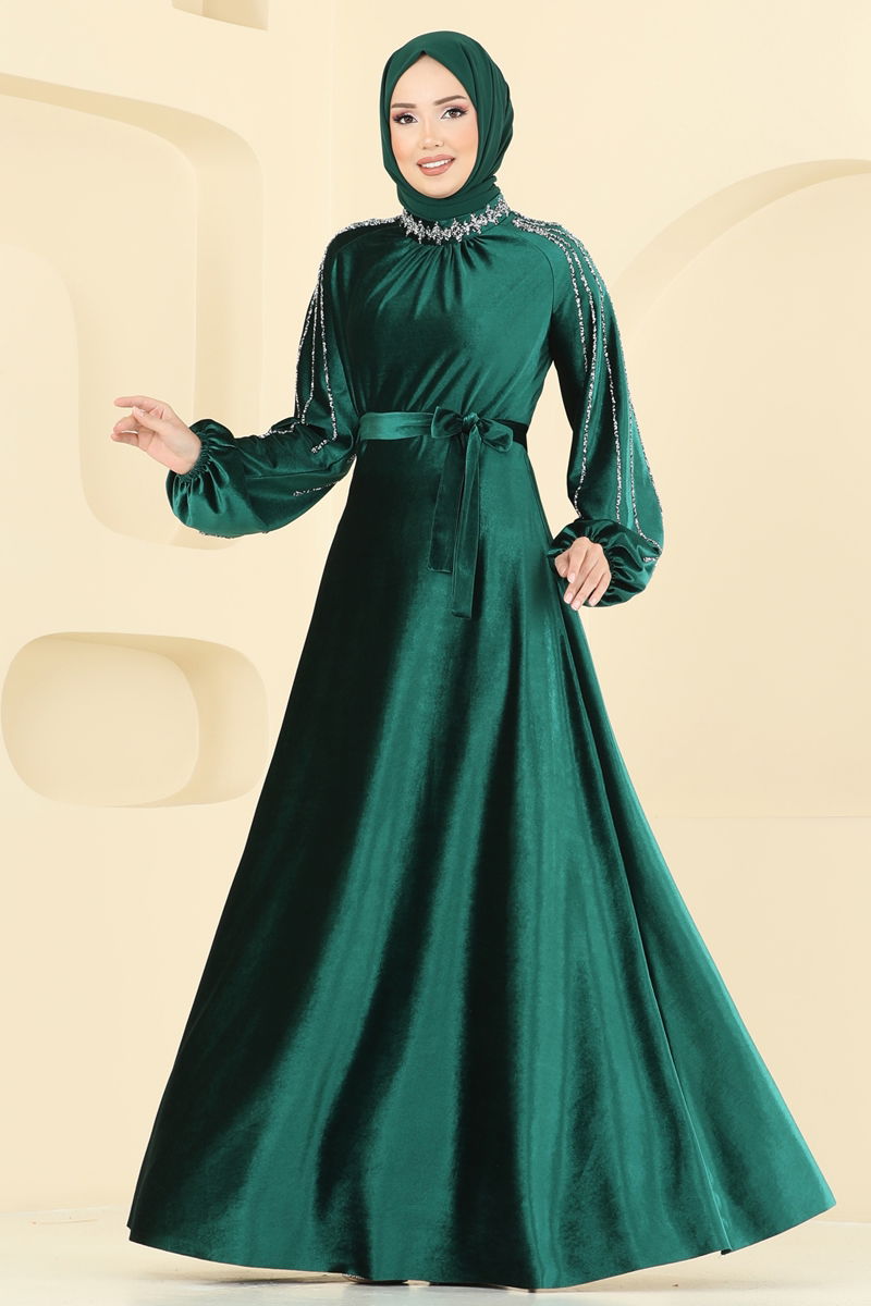 Emerald Belted Modest Evening Dress - Elegant Flare