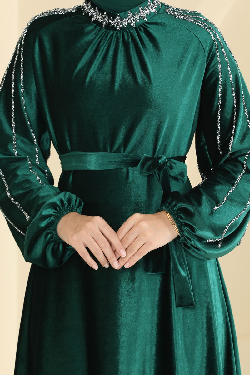 Emerald Belted Modest Evening Dress - Elegant Flare