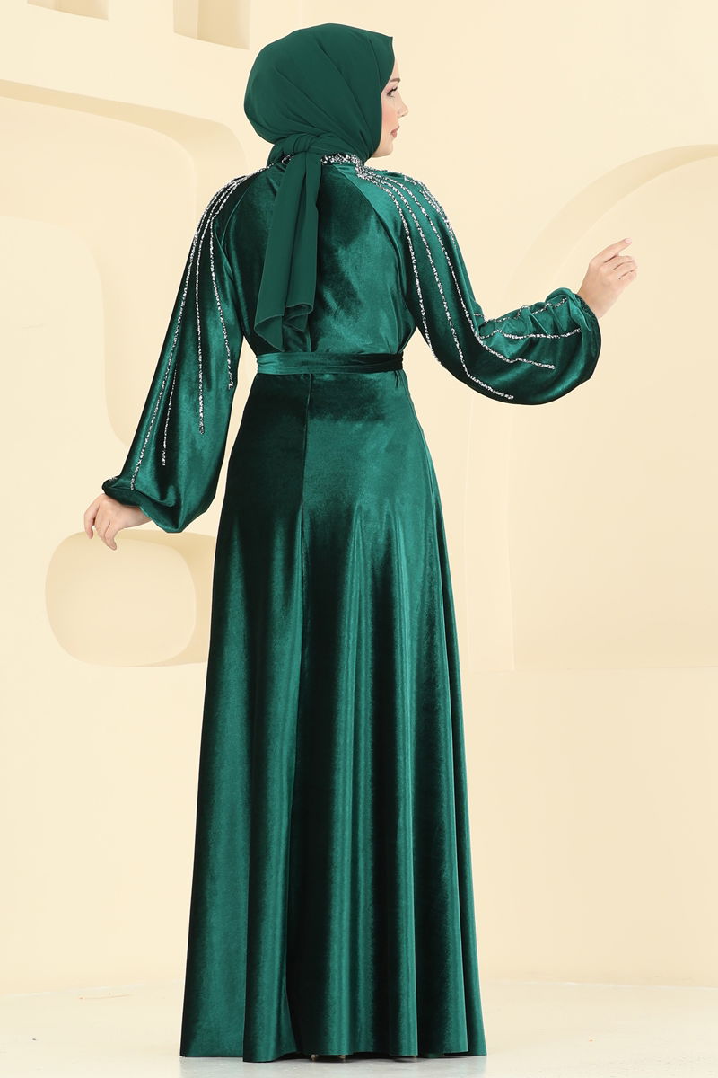 Emerald Belted Modest Evening Dress - Elegant Flare