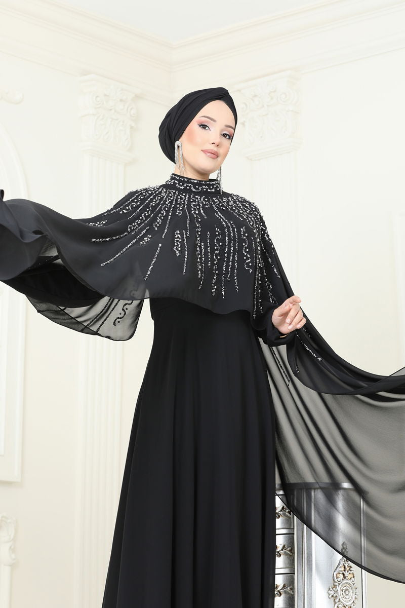 Evening Dress Black Belted Modest Fashion 6295LPN858