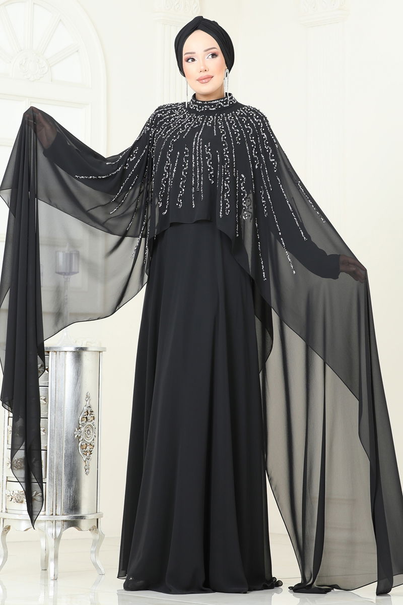 Evening Dress Black Belted Modest Fashion 6295LPN858