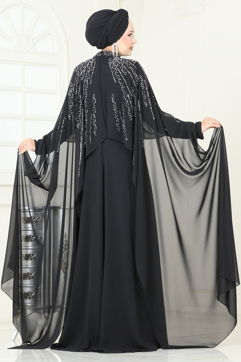 Evening Dress Black Belted Modest Fashion 6295LPN858