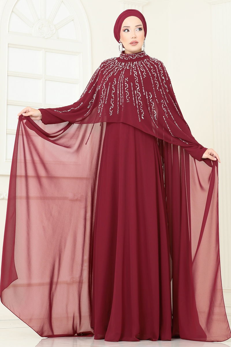 Evening Dress Burgundy Belted Modest A-Line Dress
