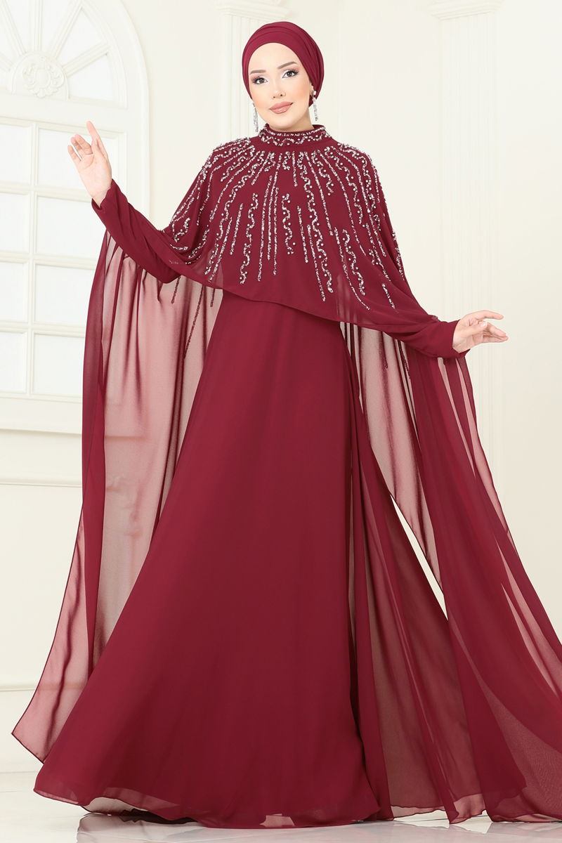 Evening Dress Burgundy Belted Modest A-Line Dress