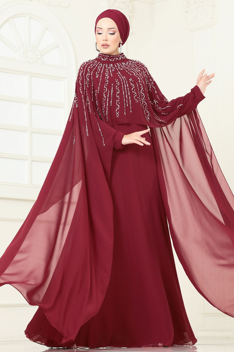 Evening Dress Burgundy Belted Modest A-Line Dress