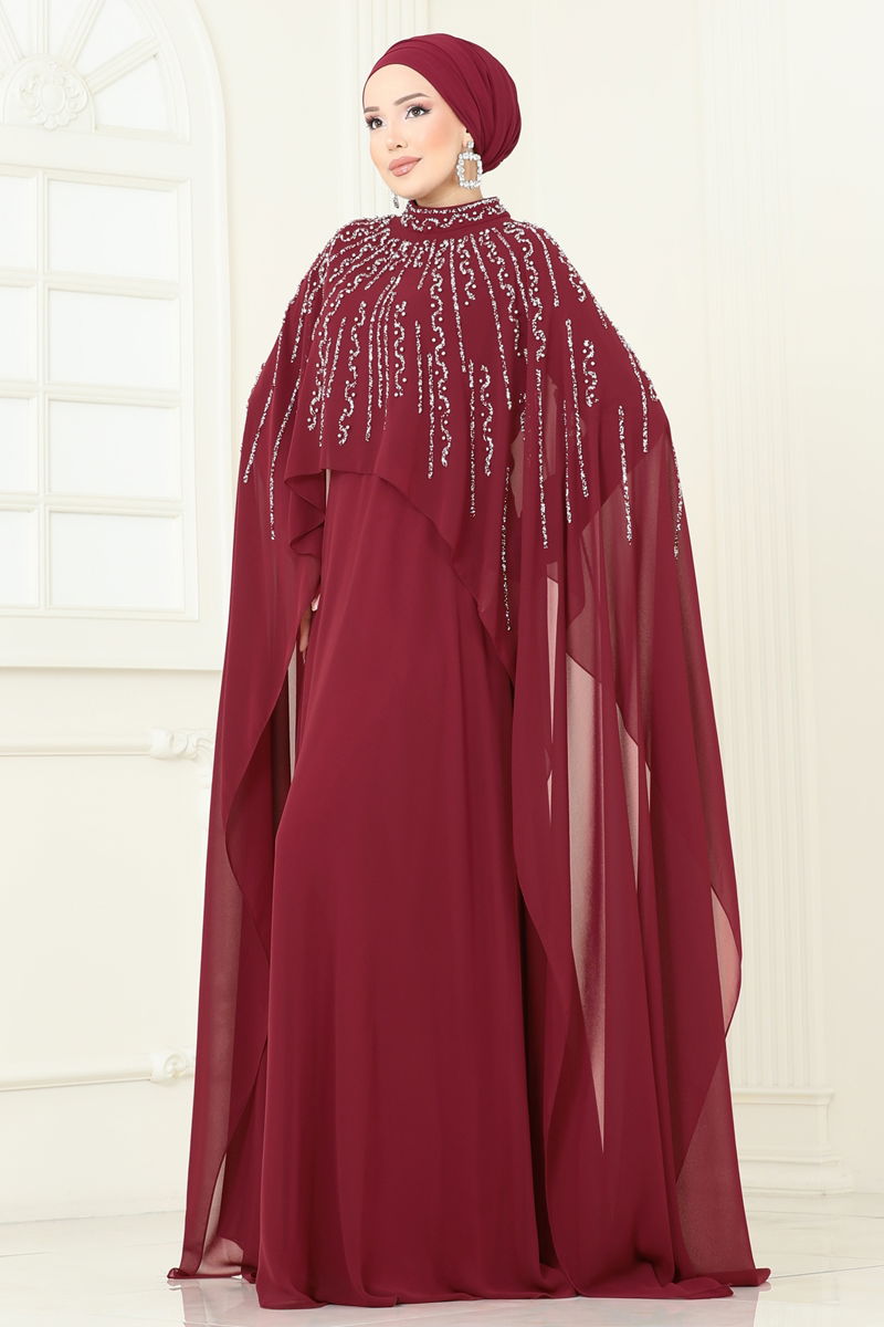 Evening Dress Burgundy Belted Modest A-Line Dress