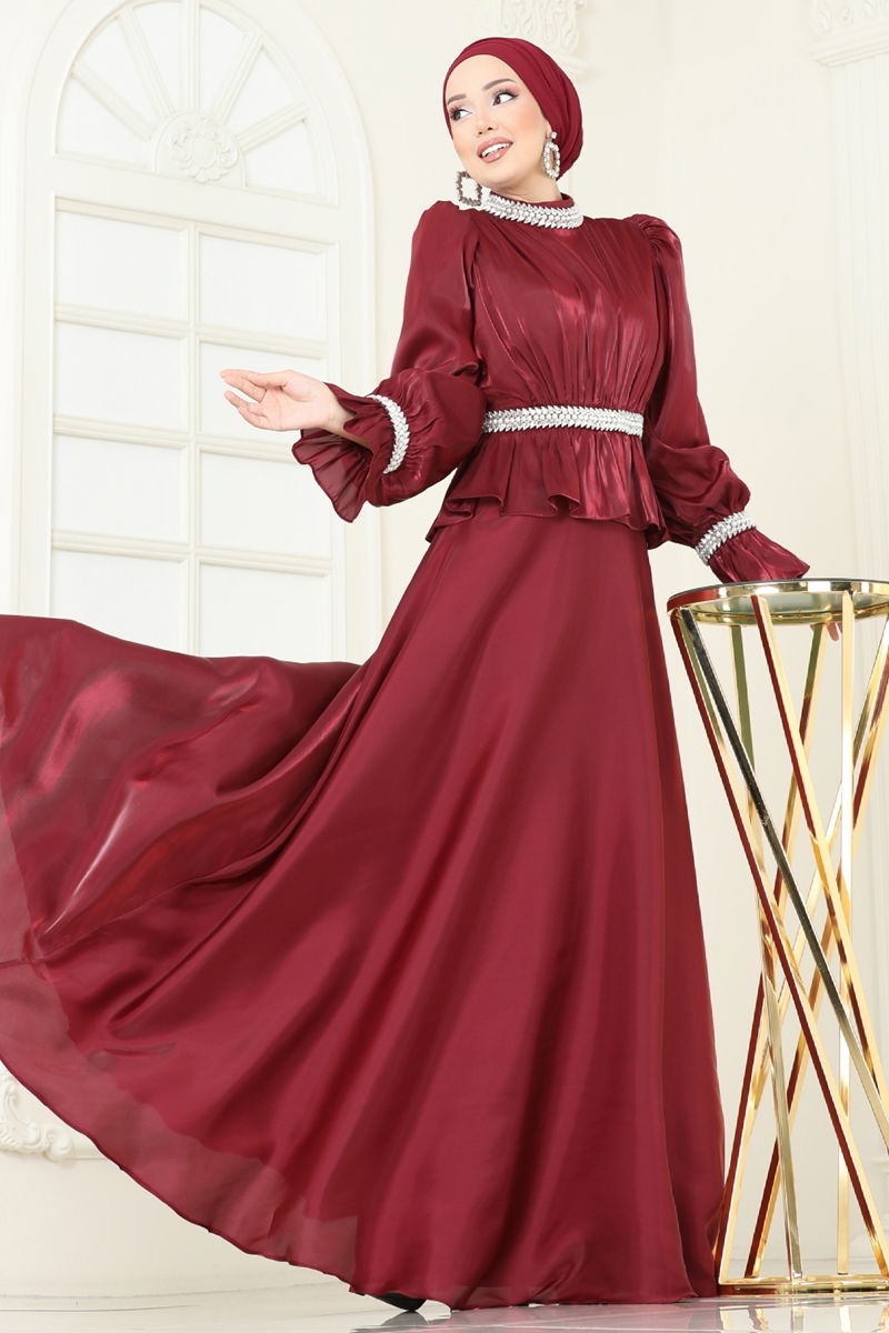 Evening Dress Burgundy Patterned Modest Fashion 6324LPN858