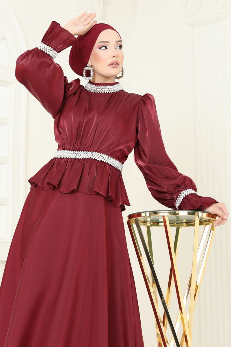 Evening Dress Burgundy Patterned Modest Fashion 6324LPN858
