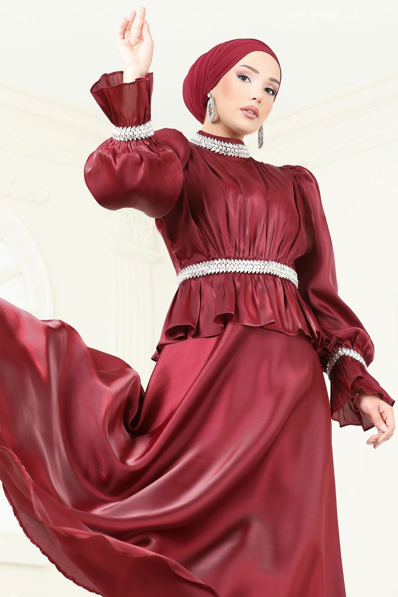 Evening Dress Burgundy Patterned Modest Fashion 6324LPN858