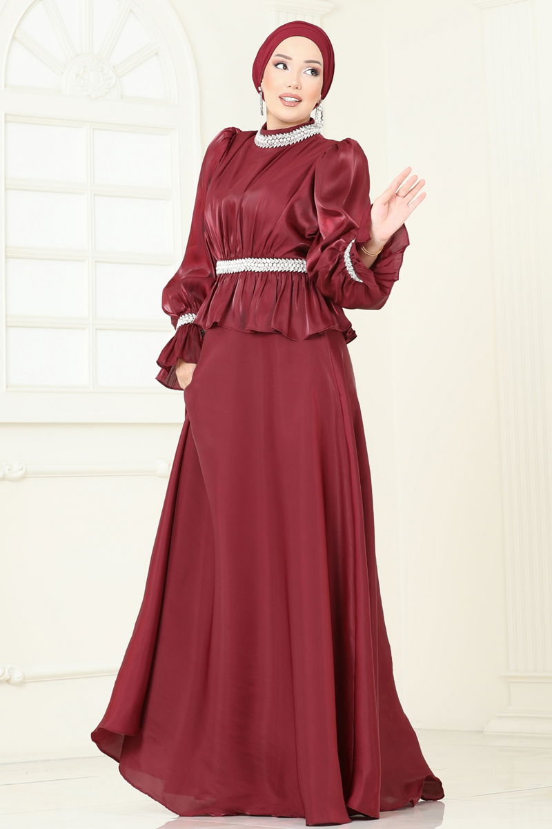 Evening Dress Burgundy Patterned Modest Fashion 6324LPN858