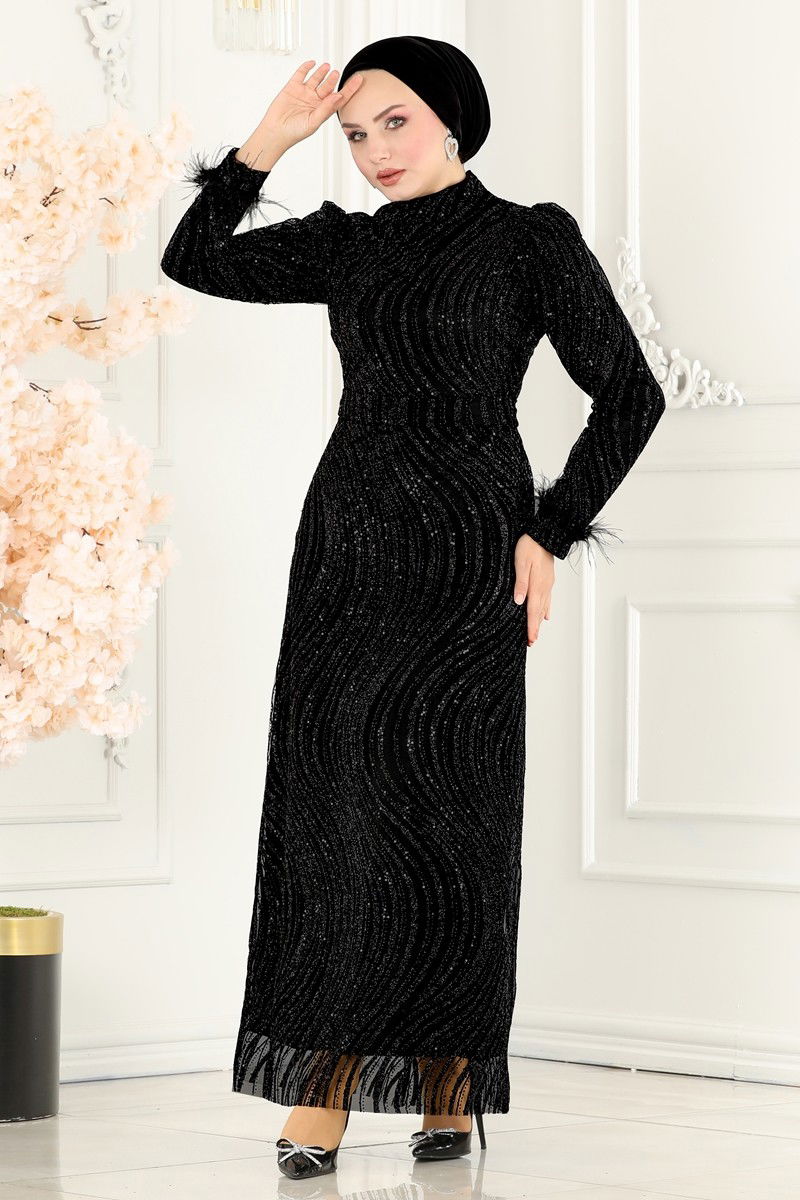 Evening Dress Black Belted Modest Maxi Gown 6539YG95