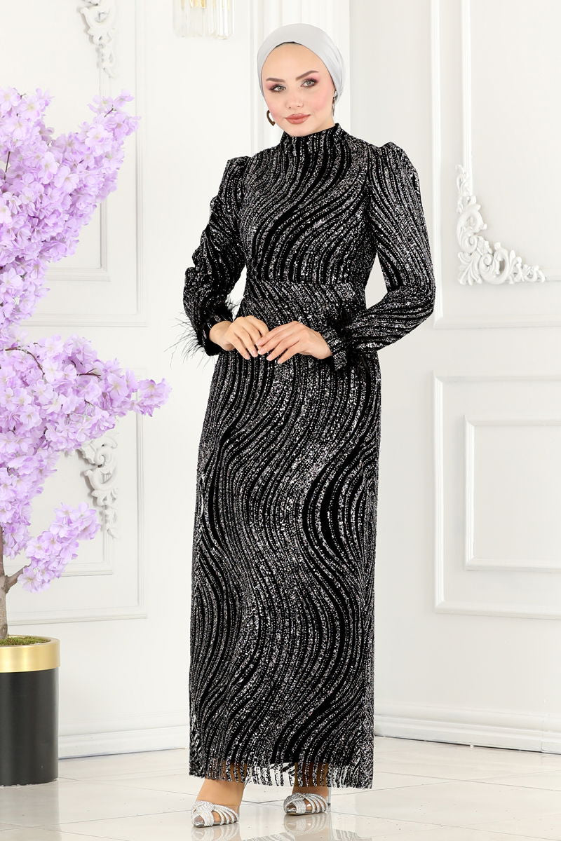 Evening Dress Black Silver Modest Fit & Flare