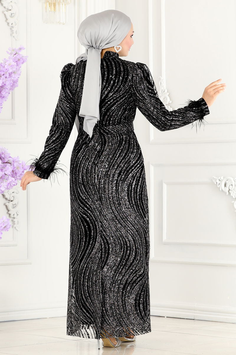 Evening Dress Black Silver Modest Fit & Flare