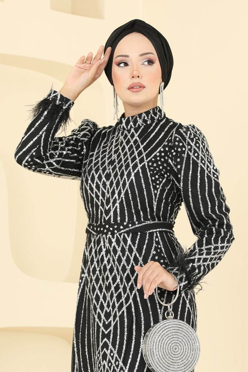 Evening Dress Black Belted Modest Fashion XL